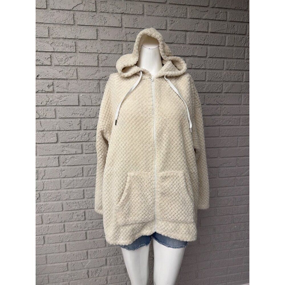 Daisy Fuentes Women’s Cream Faux Fur Hooded Hi-Lo Jacket Size 1X